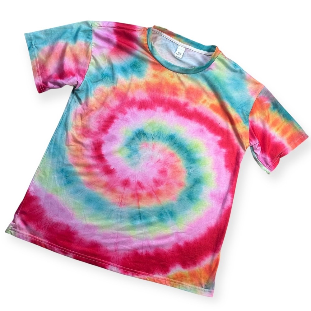 Pink Daisy Tie‎ Dye Swirl T Shirt Women's Large Polyester Blend Colorful
